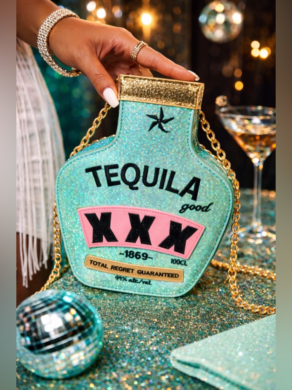 Tequila Iridescent Aqua Glitter Zip Pouch with Gold Hardware